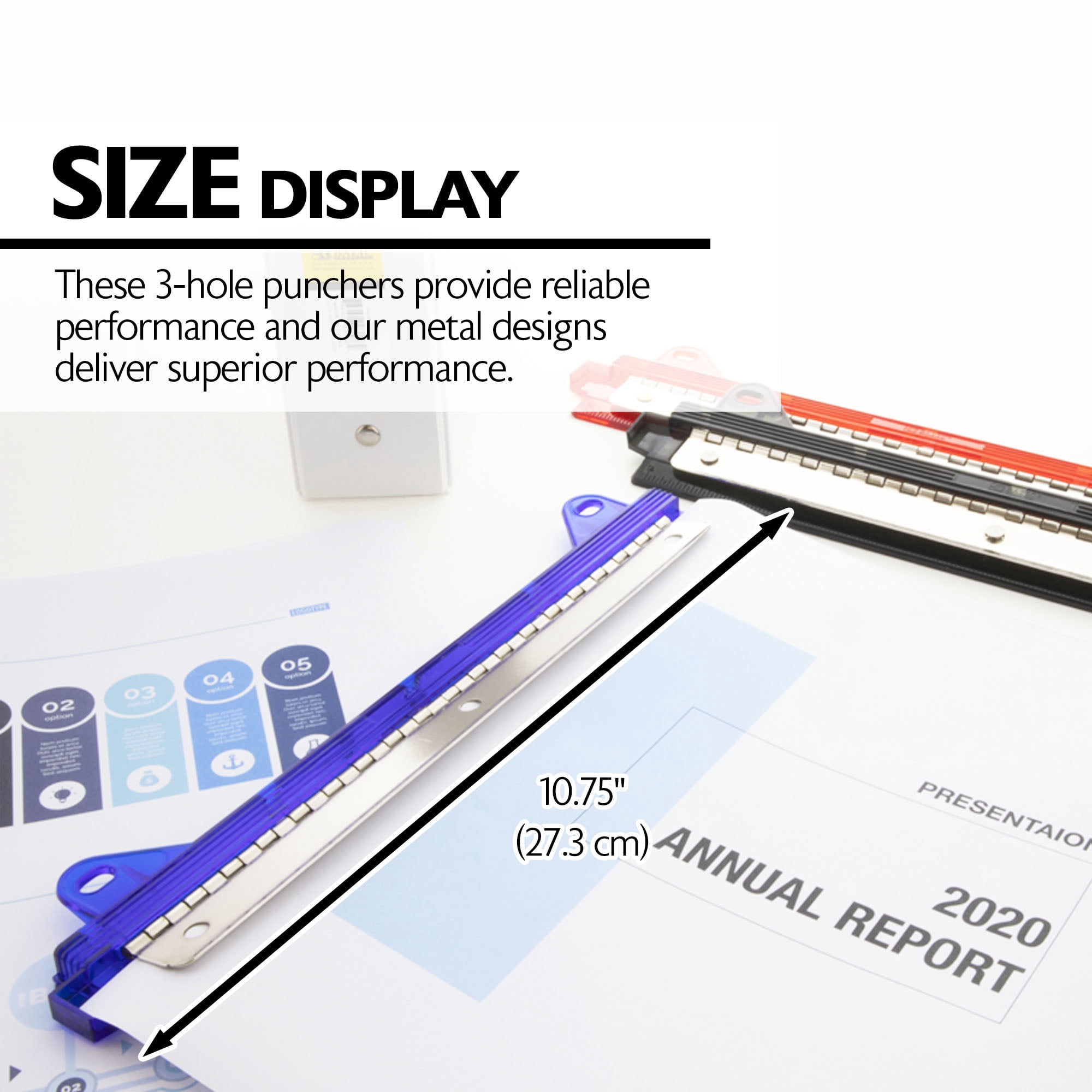 Desktop Portable Paper Punch 3 Hole 1/4" w/ 10" Ruler Guide, Red, Grey, Blue - 3-Pack - Enday