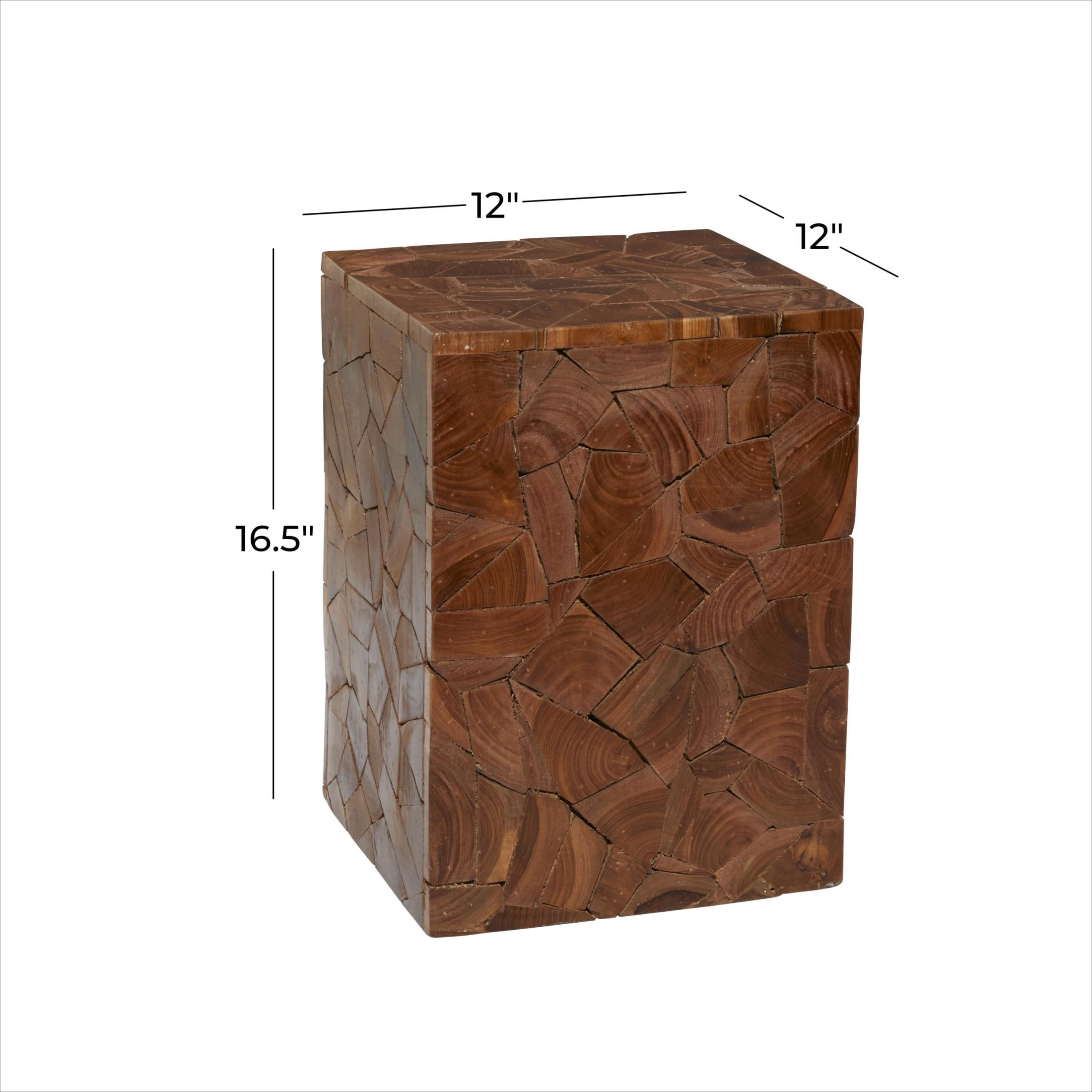 DecMode 12" x 16" Brown Teak Wood Handmade Square Block Accent Table with Mosaic Wood Chip Design, 1-Piece