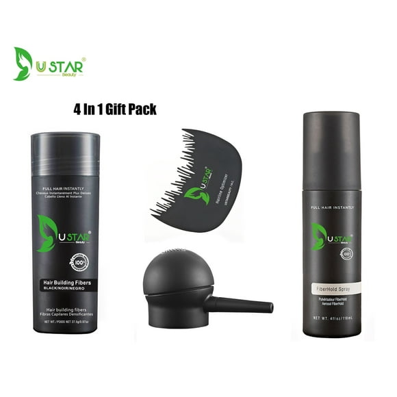 Ustar Hair Building Fibers .97oz/27.5g 4 in 1 Gift Pack BLACK (Hair Fibers, Comb, Spray Applicator, FiberHold Spray)