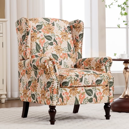 Floral Accent Chair, Modern Printed Wingback Living Room Chair with Washable Comfy Upholstered and Solid Wooden Legs, Linen Fabric Reading Armchair for Living Room Bedroom Cafe
