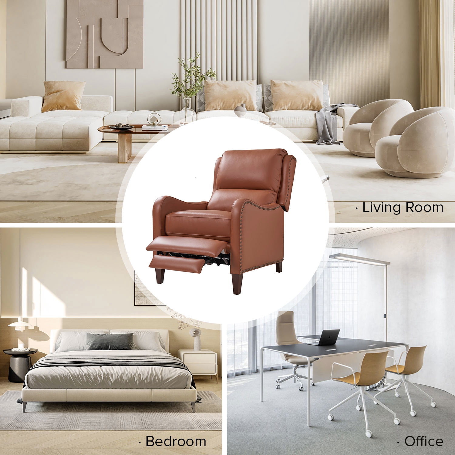Leather Recliner Chair Set of 2 with Adjustable Backrest & Footrest for Bedroom, Brick