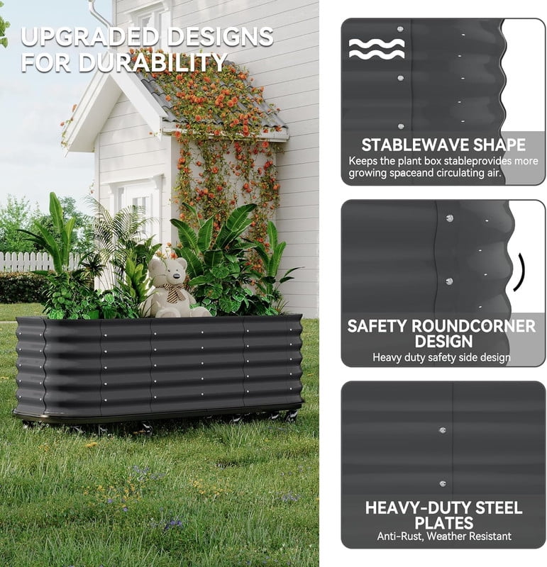 Towallmark Self Watering Wheeled Metal Garden Bed, Mobile Raised Planter Box with Lockable Wheels, Built in Water Storage Rolling Grow Station for Veggies, Indoor Outdoor Use, Gray