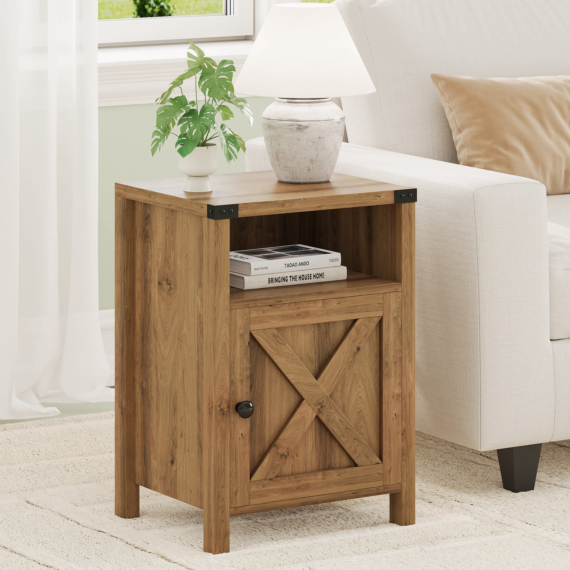4 EVER WINNER Farmhouse Single Barn Door Side Table, Rustic Oak Storage End Table, Industrial Accent Table for Living Room Areas