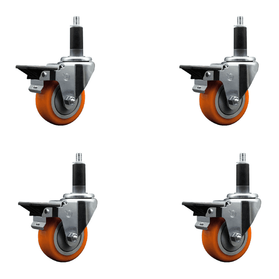 3.5 Inch Orange Poly Swivel 1-1/8 Inch Expanding Stem Caster Set with Brake SCC