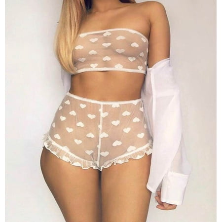 

Women Sexy 2PCS Lingerie Set Lace Heart Pattern Crop Slim See Through Mesh Top High Waist Ruffle Short Pants Sleepwear Set S-3XL