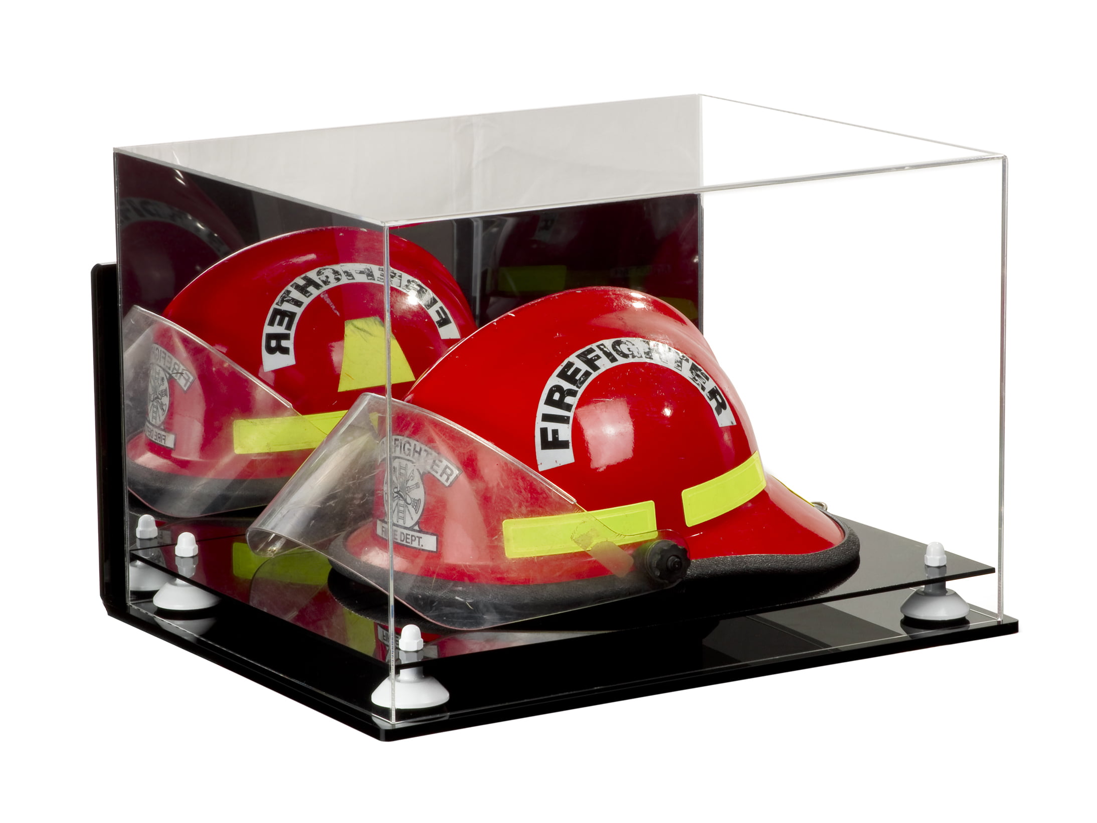 A014-WR Clear Acrylic Fireman's Helmet Large Display Case with White Risers 