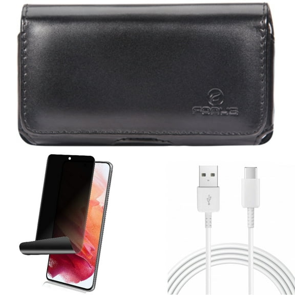 10ft USB-C Cable & Case Belt Clip & Privacy Screen Protector for Samsung Galaxy S22 (6.1") - Type-C Charger Cord & Leather Swivel Holster & TPU Film Fingerprint Works Accessory Bundle