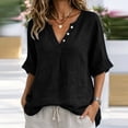 thumbnail image 2 of CaComMARK PI Linen Shirts for Women V Neck 3/4 Sleeve Loose Fit Cotton Tops Button Down Casual Dressy Clothes for Summer Black, 2 of 7