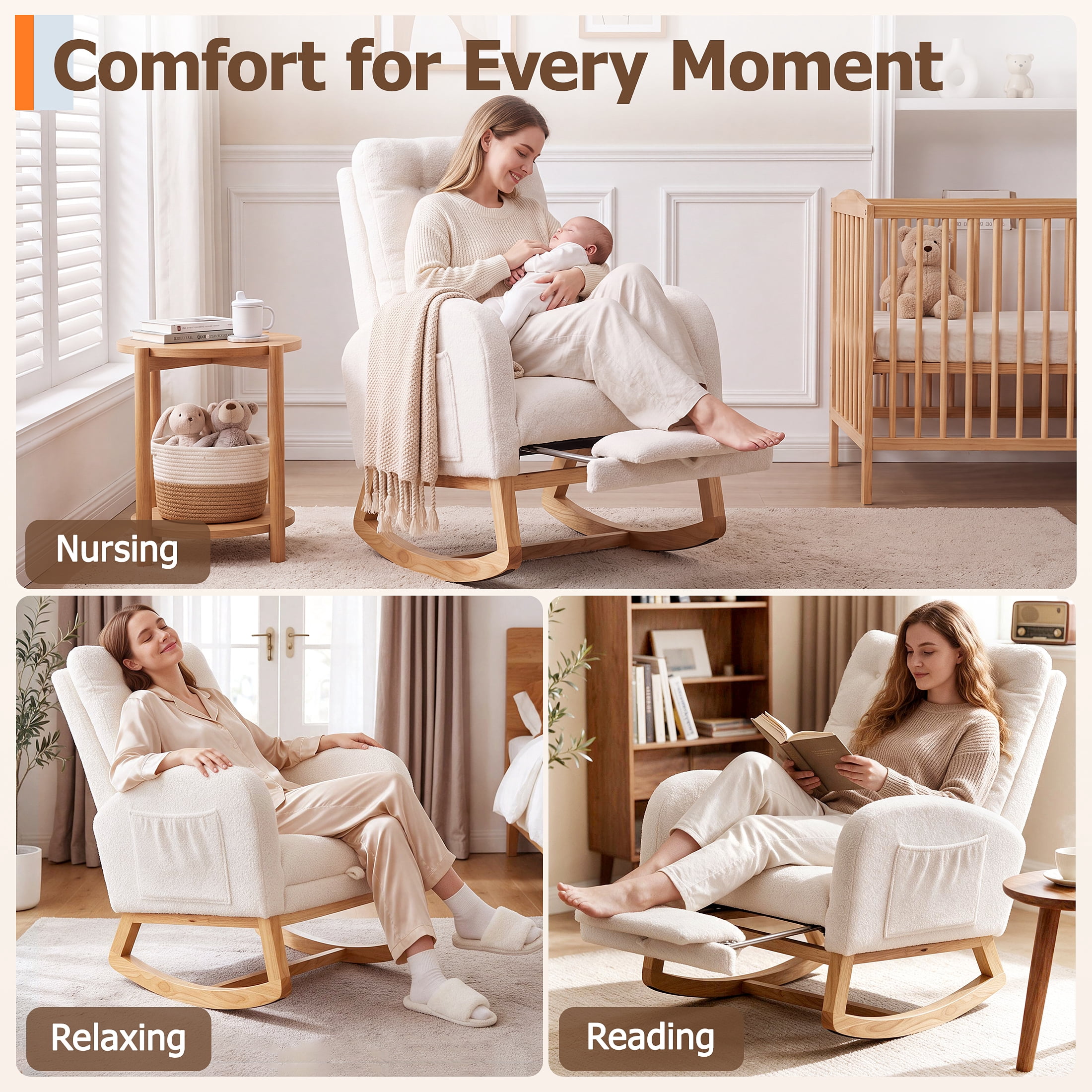 UHOMEPRO Upgraded Rocking Chair for Nursery, Modern Teddy Glider Rocker Chair with Footrest, High Backrest, Solid Wood Frame, Cream