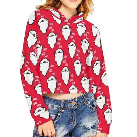

Renewold Happy Holiday Hoodies for Teen Girls 7-8 Years White Beard HO HO HO Print Long Sleeve Cropped Pullover Sweatshirts Winter Indoor Vacation Party Clothes