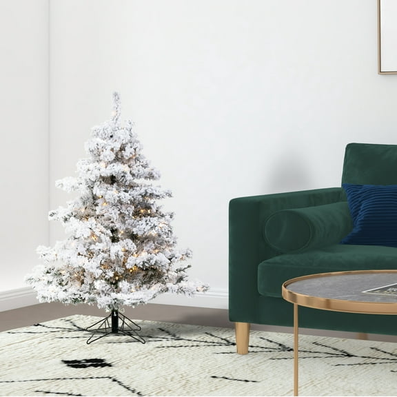 Vickerman 4.5' Flocked Alaskan Pine Artificial Christmas Tree, Warm White Single Mold LED lights
