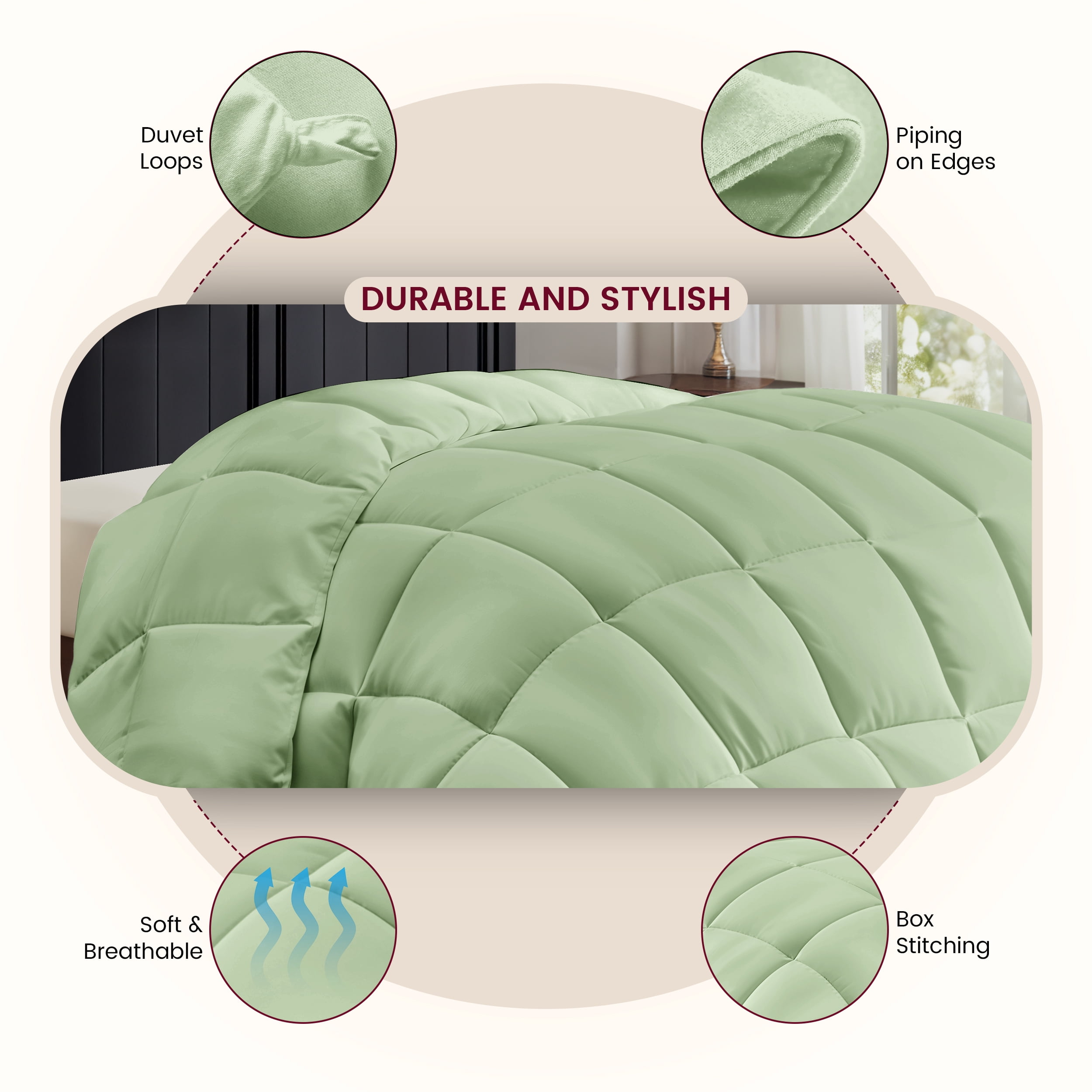 Lux Decor Collection King Size Comforter - Down Alternative Single Quilted Comforter with Corner Tabs - Sage
