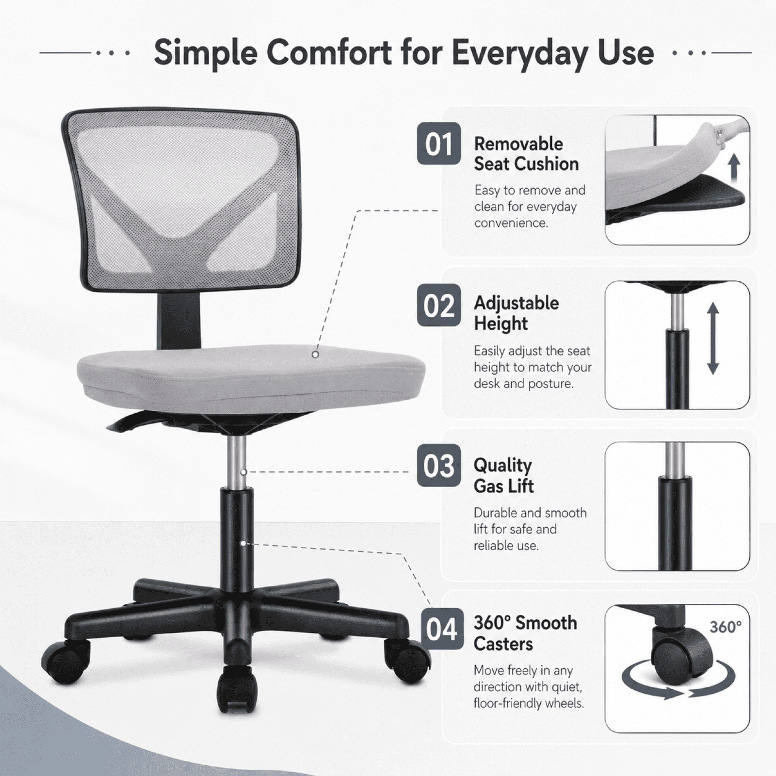 Kelno Small Desk Chair with Wheels Adjustable Computer Desk Chair with Lumbar Support Mesh Ergonomic Low-Back Office Chair, Gray