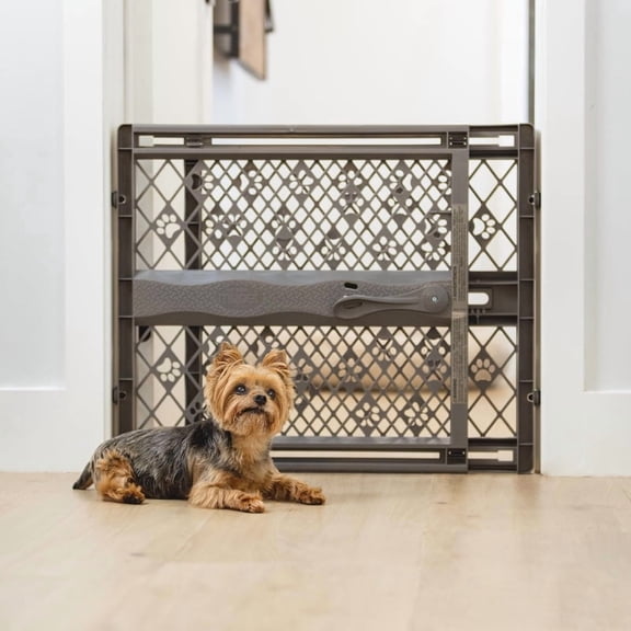 Portable Pet Gate: 26-40" Wide Expandable, Pressure Mounted No Tools Needed, Durable Dog Gate for Doorways, 23" Tall, Fieldstone Gray