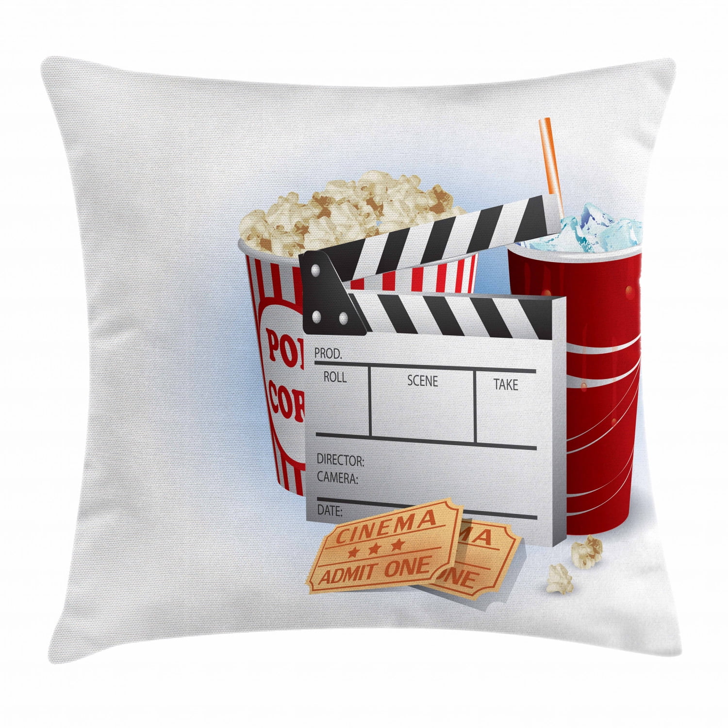 Movie Theater Throw Pillow Cushion Cover, Soda Tickets Fresh Popcorn