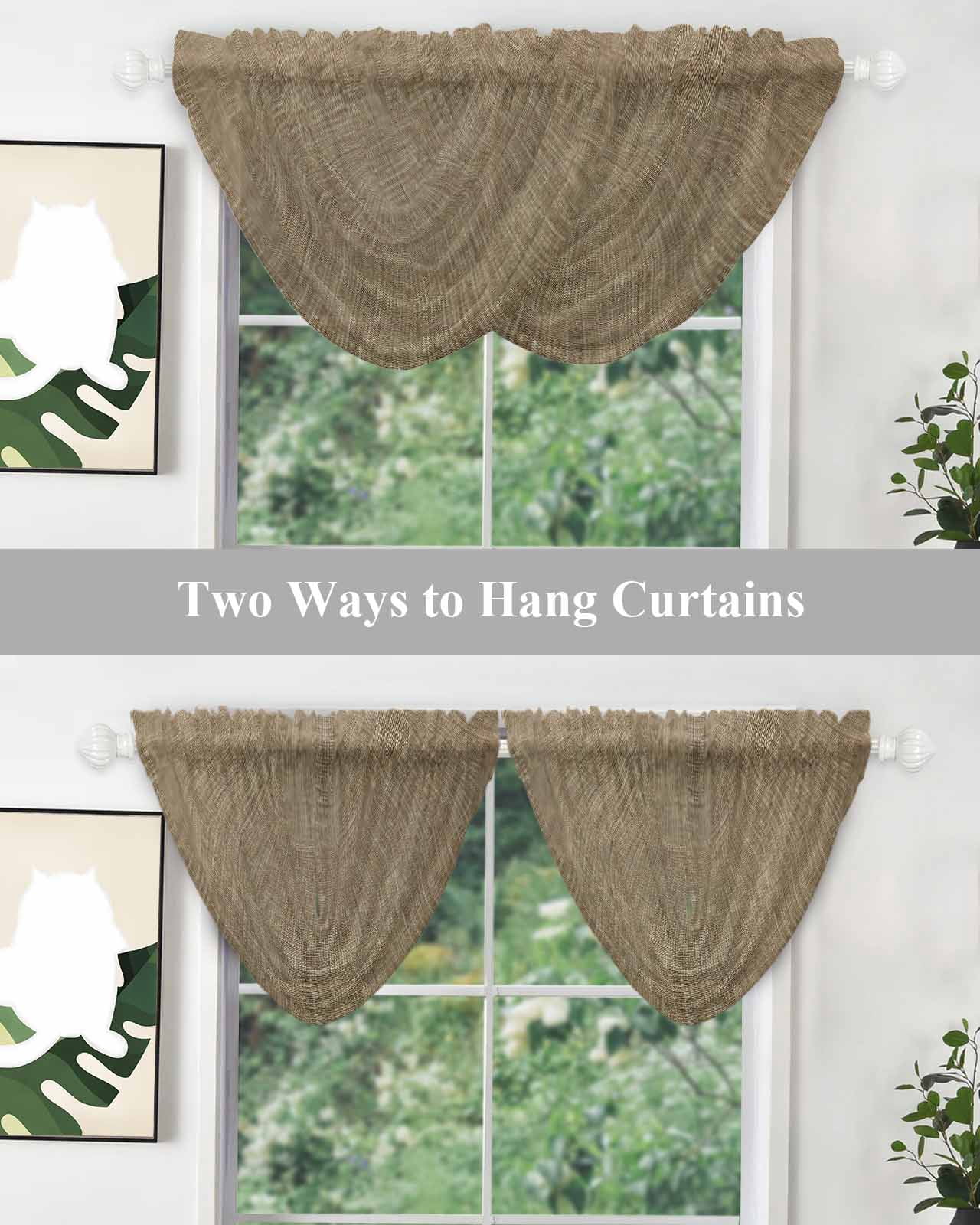 Brown Waterfall Valances for Windows, Farmhouse Burlap Solid Beige Color Modern Linen Texture Sheer Valance Curtains, Rod Pocket Elegant Swag Valances for Living Room Bedroom, 47.2"x38.5", 3 Panel