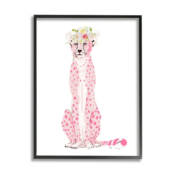 Stupell Pink Leopard Floral Garland Animals & Insects Painting Black Framed Art Print Wall Art