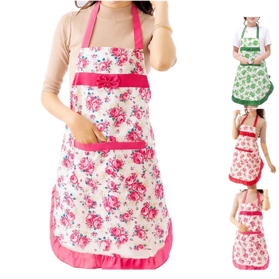Floral Ruffled Kitchen Apron, Vintage Lace Trim Cooking Apron with Front Pocket for Women Home Kitchen Baking