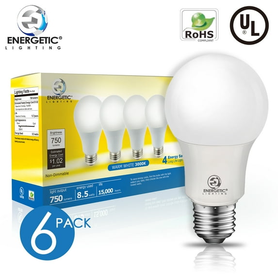 ENERGETIC A19 LED Light Bulb, 8.5 Watts(60W Equivalent), 3000K Warm White, E26 Base, 750lm, UL Listed, 6 Pack
