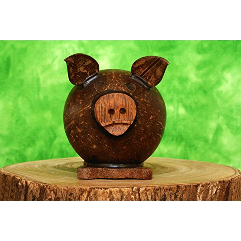 Unique Handmade Coconut Shell Wood Pig Coin Piggy Bank Handcrafted