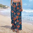 thumbnail image 5 of Qiopertar Women's Casual Printed Pants with Pockets Elastic Waist Drawstring Wide Leg Flare Trousers Loose Fit Split Hem Beach Vacation Travel, Dark Blue XL, 5 of 7