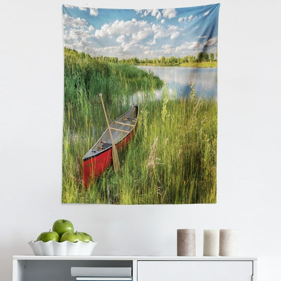 Lake Theme Tapestry, Picturesque of a Canoe with Wooden Paddle in Grass near Water Vegetation, Fabric Wall Hanging Decor for Bedroom Living Room Dorm, 5 Sizes, Multicolor, by Ambesonne