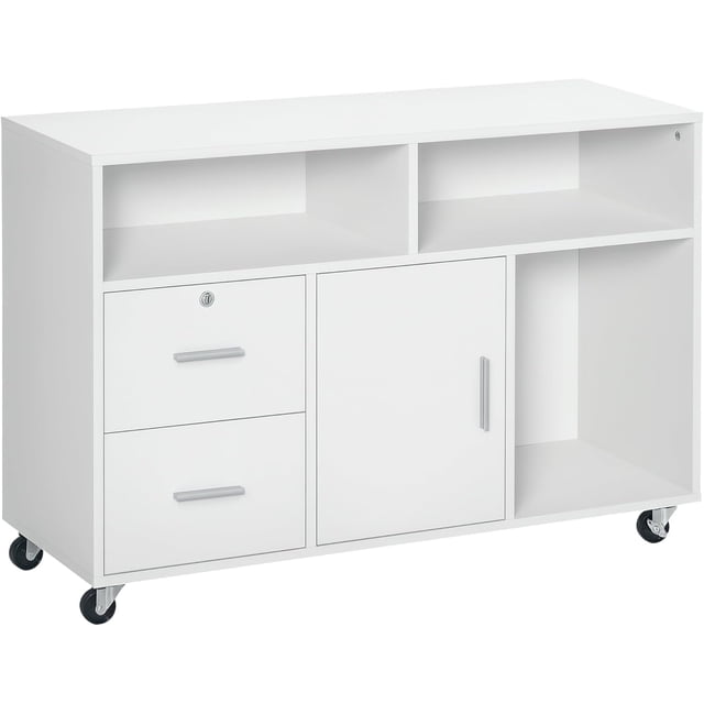 Lateral Filing Cabinet with Open Storage Shelf, Printer Stand Home Office File Cabinet with Wheels, Lockable Drawer, White