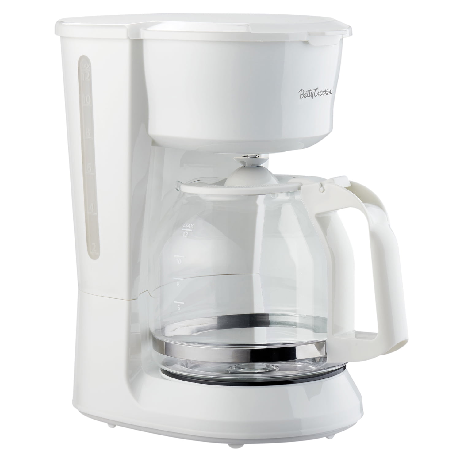 Betty Crocker 12-Cup Drip Coffee Maker with Heat-Resistant Glass Carafe, Removable Nylon Filter, Nonstick Warming Plate, BC-5729W