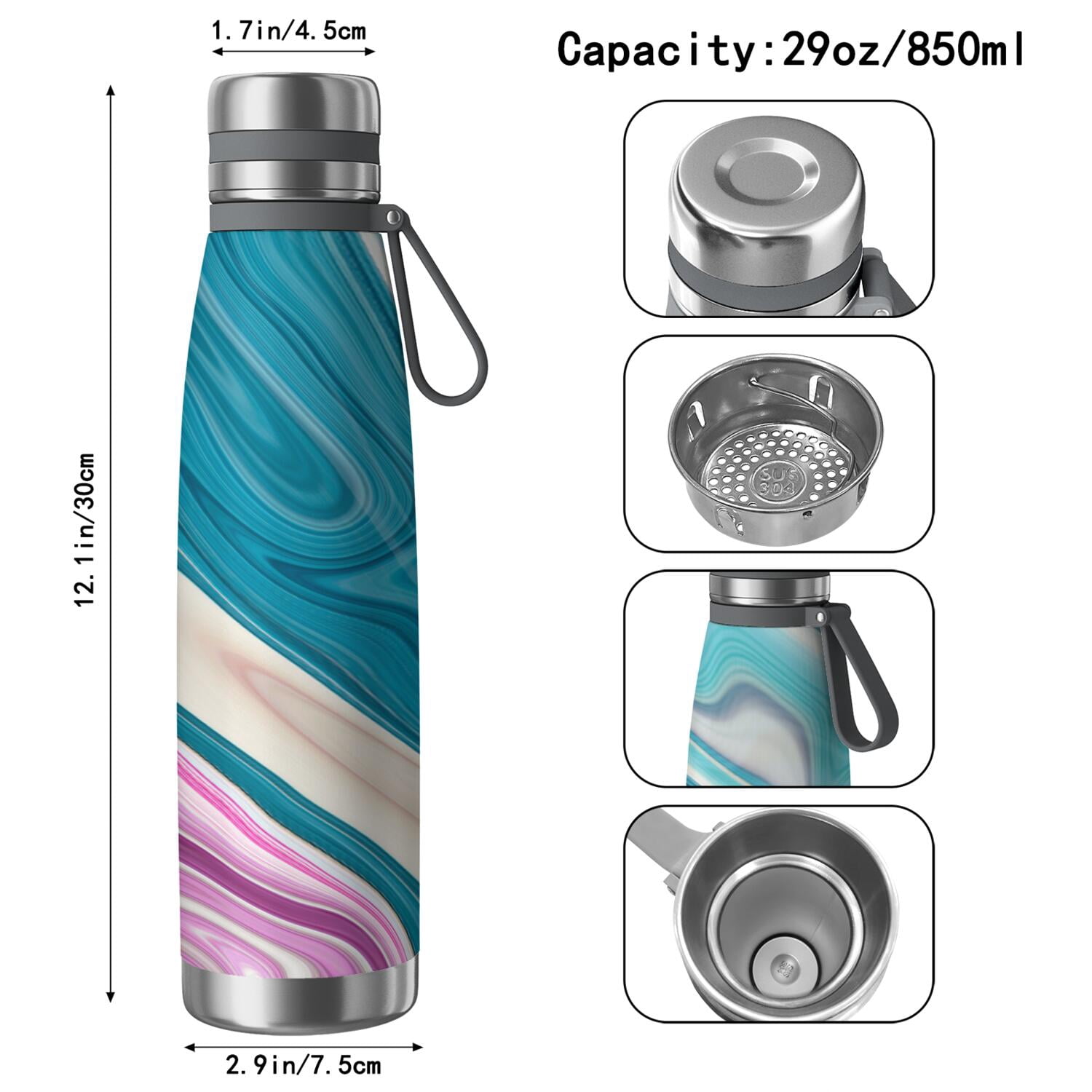 29oz Insulated Water Bottle with Tea Infuser, Stainless Steel Travel Mug, Liquid & Marble Print