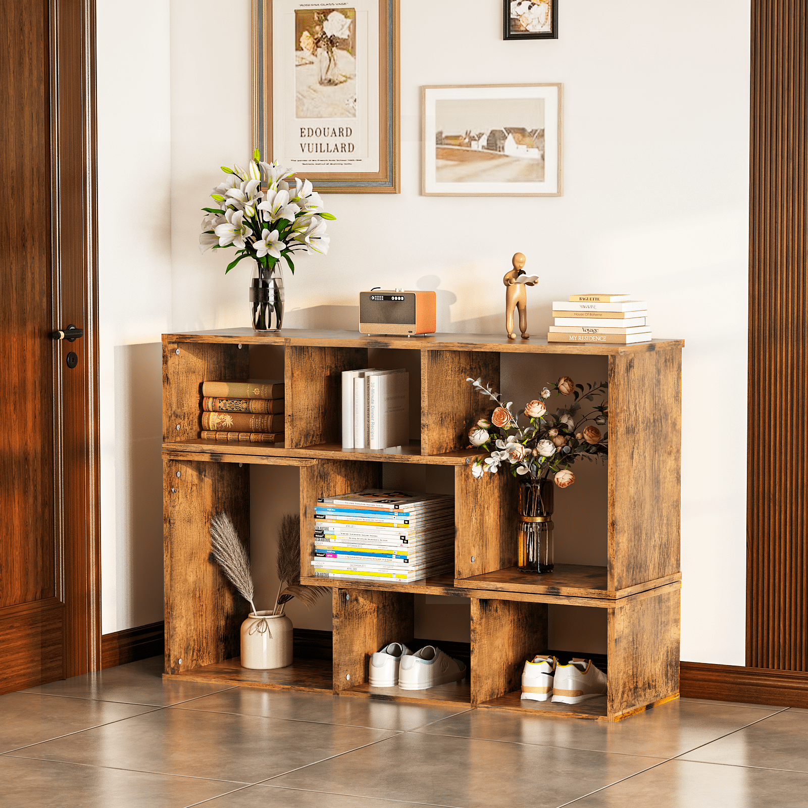 MOOSENG Horizontal Bookshelf, Vintage 2 Shelf Cube Bookcase L-Shaped TV Console Stand, Modern Entertainment Center with Open Storage Shelves for CDs/Movies/Books for Living Room, Bedroom