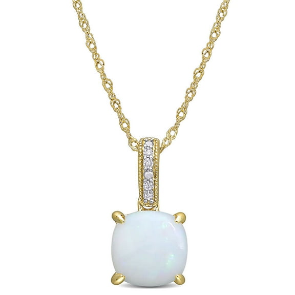 AMOUR 1 1/3 CT TGW Opal and Diamond Accent Milgrain Pendant In 10K Yellow Gold