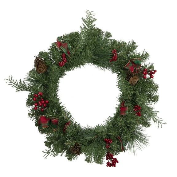 Northlight 24" Unlit Green Foliage, Pinecones and Berries with Tartan Ribbon Christmas Wreath