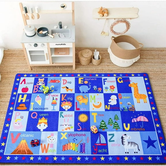 YJ.GWL Kids Play Rug ABC Educational Area Rug Learning Carpet for Children Play Mat for Bedroom Playroom Nursery,Blue,3x5 Feet