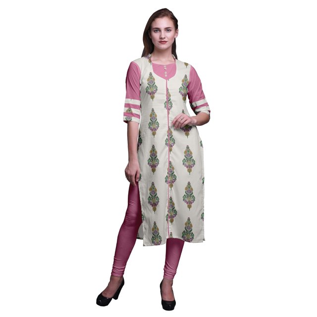 Bimba Kurta Droite Imprimée Indienne en Rayonne Slub Robe Tunique à Manches 3/4 pour Femmes
