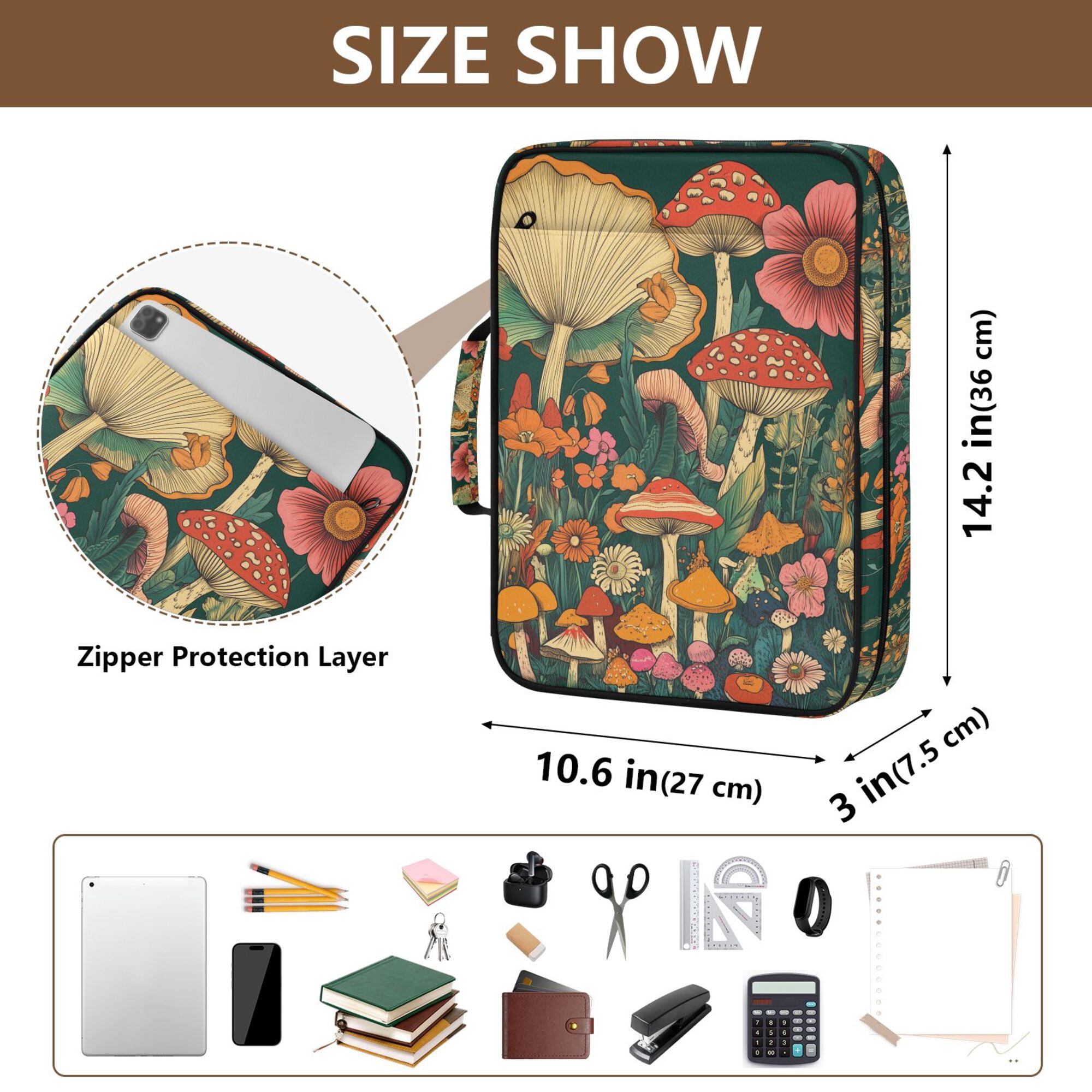 FORMRS Accordion File Folder A4 Size 7-Pocket Expanding Document Organizer Bag with 3 Ring Binder, Floral Mushroom