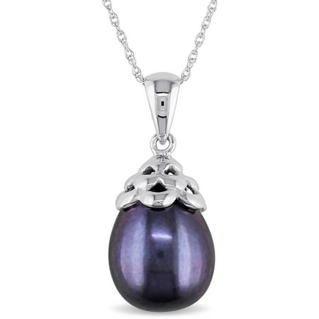 9.5-10mm Black Rice Freshwater Cultured Pearl 10kt White Gold Fashion Pendant, 17