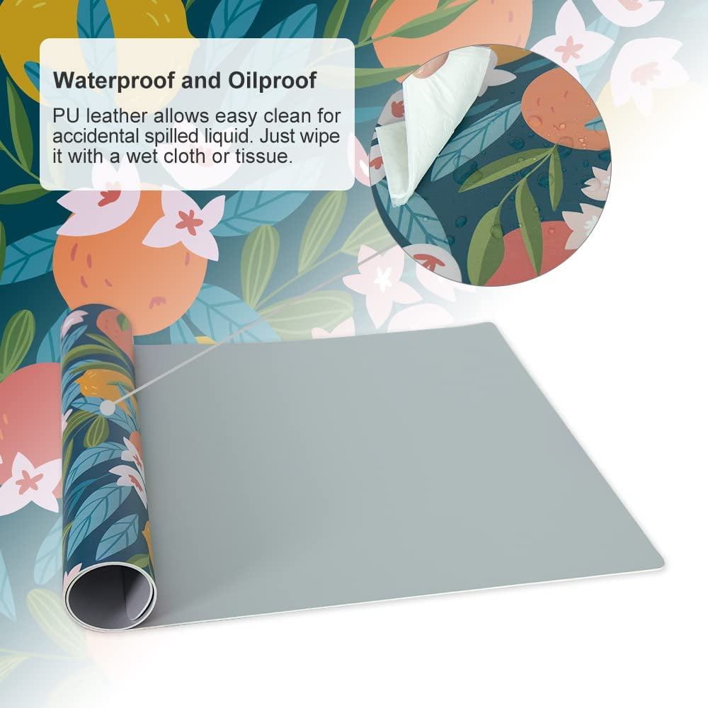 Large Mouse Pad, Waterproof PU Leather Cute Computer Desk Mat, Allover Citrus Fruit Home Office Décor, Multifunctional Desk Organizers Protector, 31.5" x 15.7" - Orange Lemon Floral Pattern