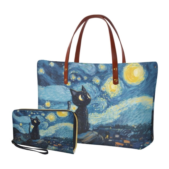 DISNIMO Women's Large Handbag and Wallet Set Cartoon Cat Print Tote Satchel Bag Starry Print Top Handle Handbag with Wristlet Wallet for Work Party Shopping