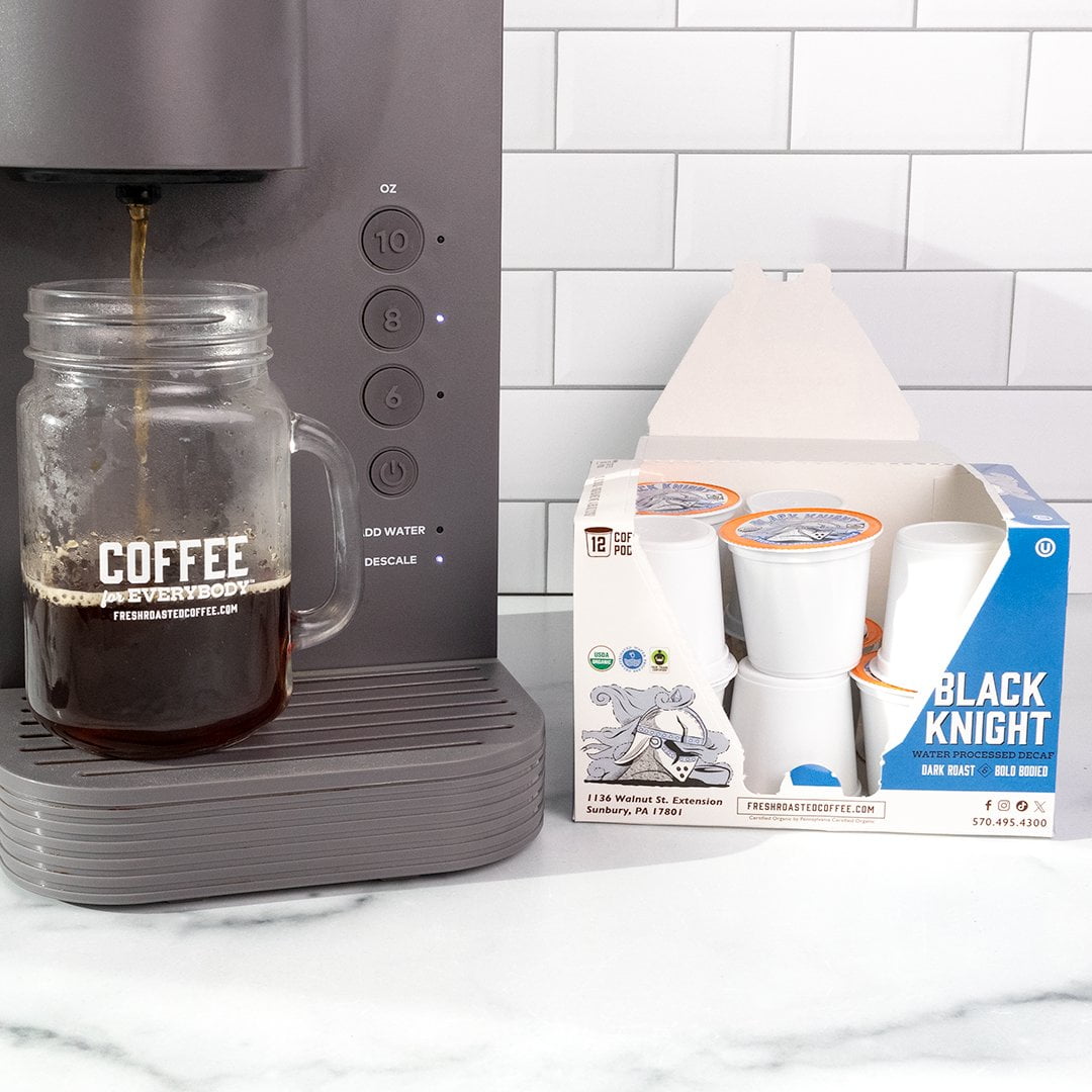Fresh Roasted Coffee, Organic Black Knight Water-Processed Decaf, Dark Roast, K-cup Compatible, 72 Count