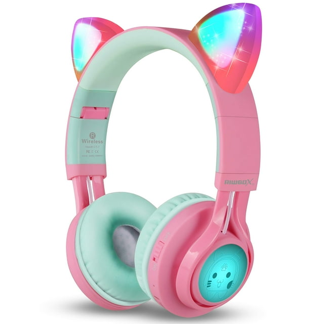Auriculares Bluetooth Riwbox CT-7 con orejas de gato plegables inalámbricos con luz LED micro y control de volumen Rosa y verde