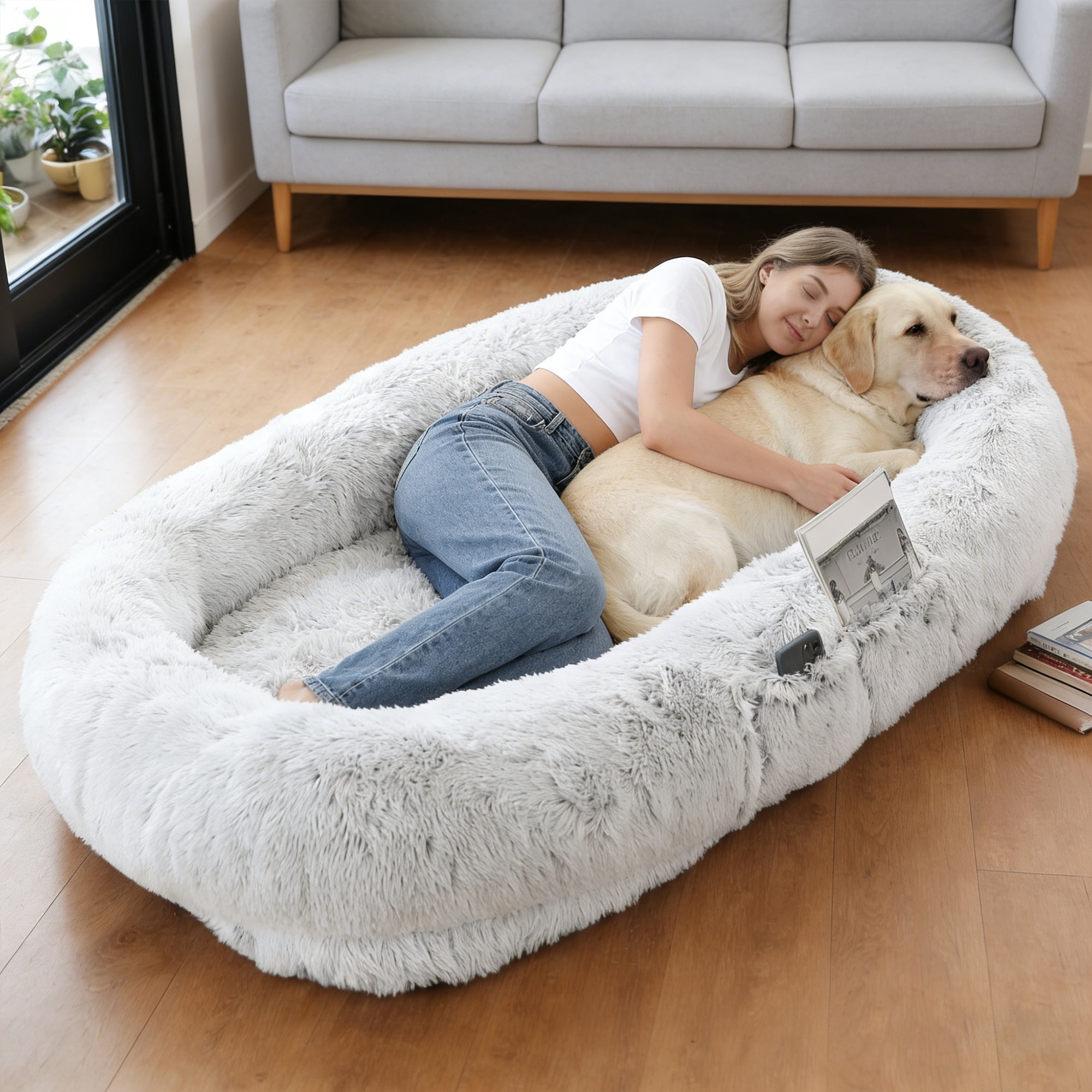 71-inch Giant Dog Bed in Gray, Soft Washable Faux Fur Orthopedic Nap Bed, Perfect for You and Your Pet (Blanket and Pillow Not Included)