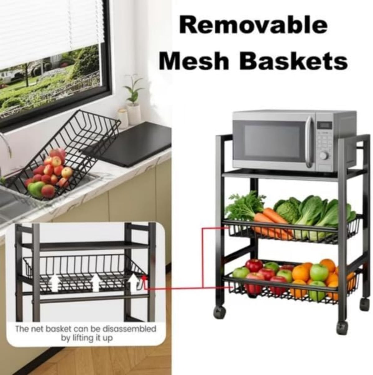 3-Tier Rolling Storage Cart with 2 Removable Wire Baskets, Heavy Duty Metal Organizer Rack, Slim Kitchen Cart for Pantry, Bathroom, Office
