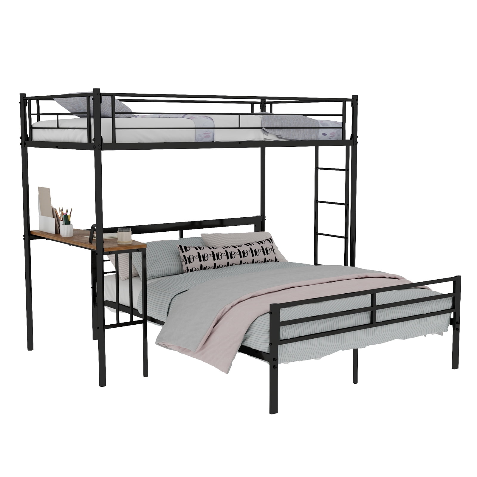 Mintazer Twin Over Full Metal Bunk Bed with Desk, Bunk Bed Frame with Guardrails and Ladder for Bedroom Dorm Apartment, Black