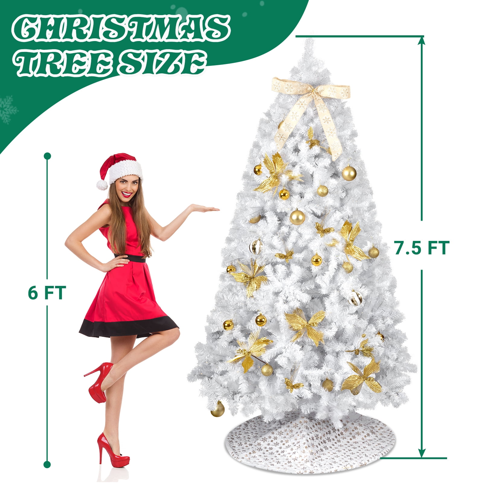 Astoutdoor 7.5 ft Artificial Christmas Tree with 400 Warm White LED Lights, Hinged Pine Tree with Tree Skirt and Ornaments, White