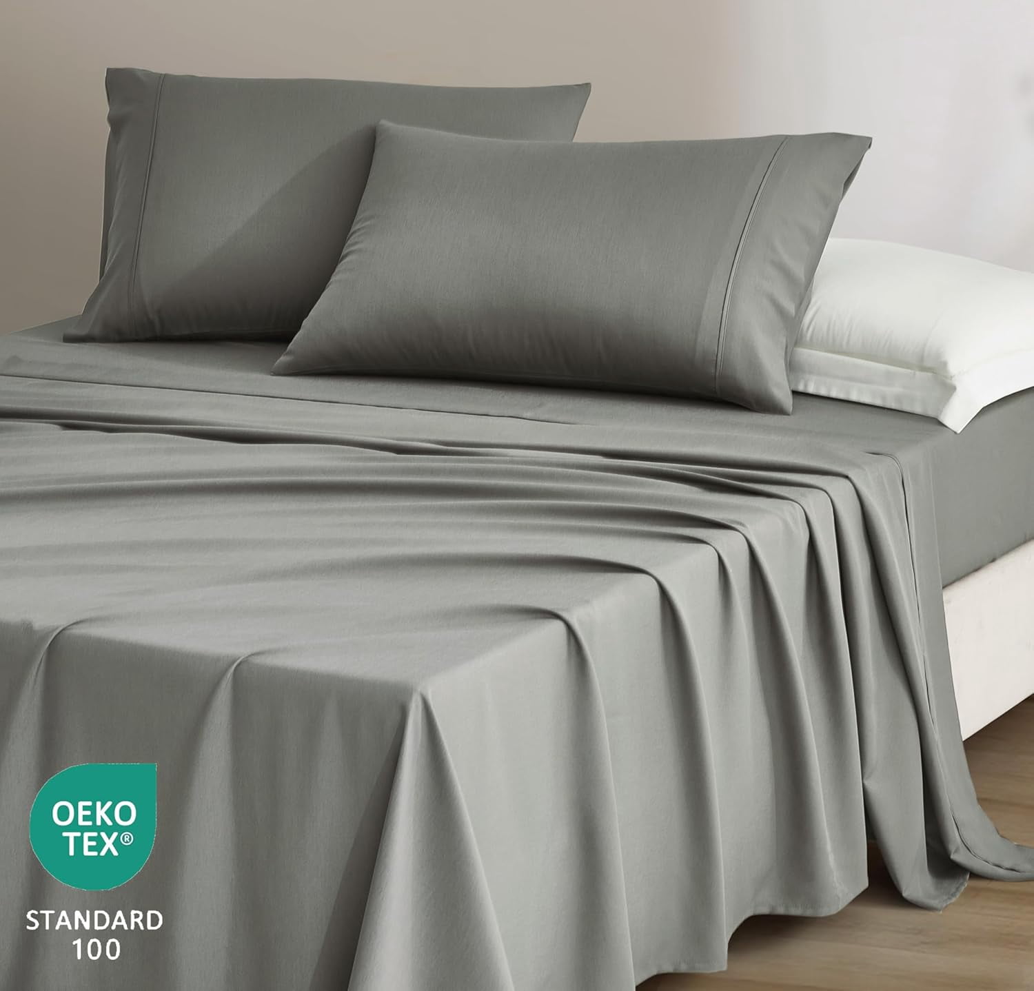 Chezmoi Collection 4-Piece Stone Washed Full Sheet Set, Rayon Derived from Bamboo & Polyester Blended, Breathable & Cooling 15-Inches Deep Pocket Sheets & Pillowcases Set, Dark Gray