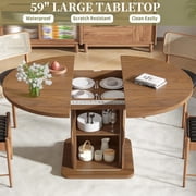 Extendable Round Dining Table for 4–8, 59 Modern Kitchen Table with Storage & Fluted Wood Sliding Door, Walnut