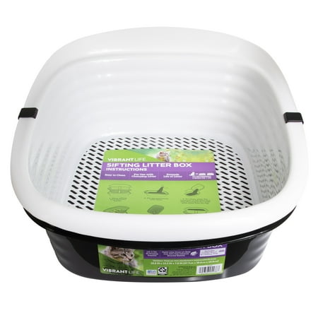 Vibrant Life Sifting Cat Litter Box, 2 Open Top Plastic Cat Litter Pans and Cat Litter Tray, Large, Black