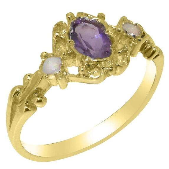 LBG British Made 14k Yellow Gold Natural Amethyst & Opal Womens Engagement Ring - 33 size options - Size 9.75
