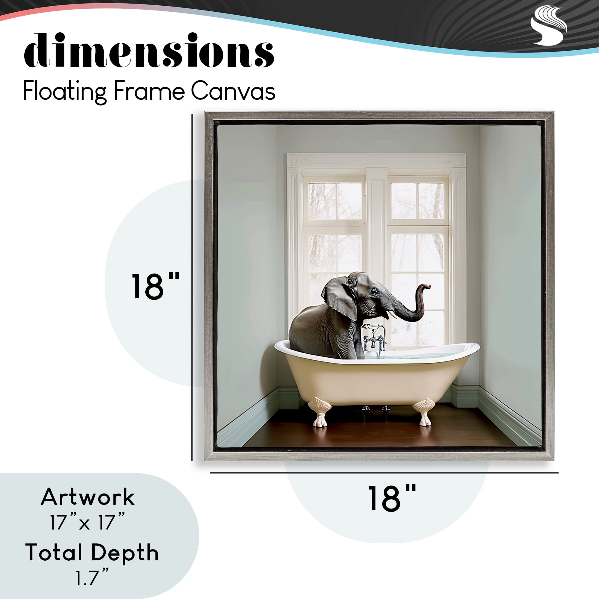 Minimal Elephant Bathtime Gray Framed Floater Canvas Wall Art, design by Sasha
