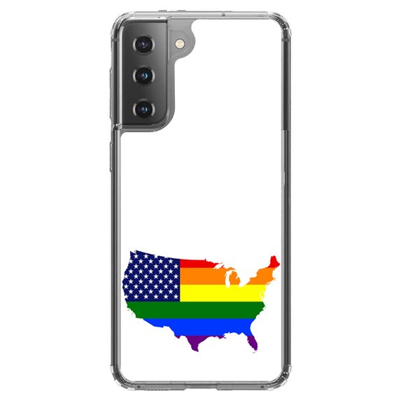 DistinctInk Clear Shockproof Hybrid Case for Galaxy S21 5G (6.2" Screen) - TPU Bumper, Acrylic Back, Tempered Glass Screen Protector - US Map Gay Pride Flag - Show Your LGBTQ Support